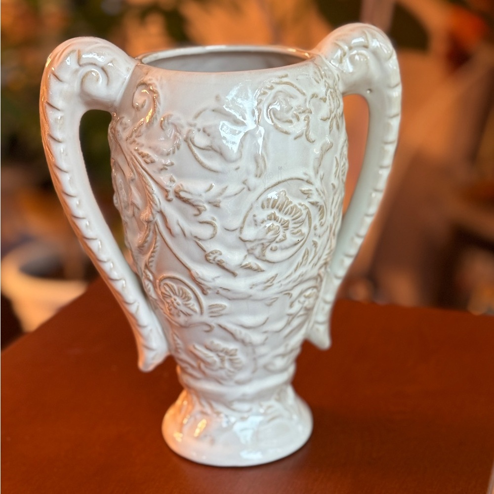 Italian Vase with Handles Vintage Italy 1960s Floral with Vines Bas-Relief